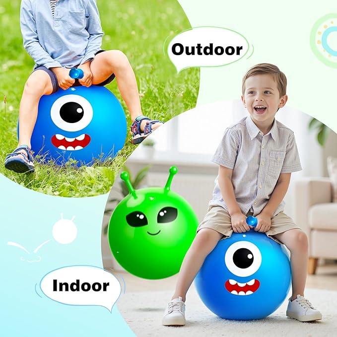 ZOOJOY Hopper Ball 2 Pack, 18In Bouncy Ball with Handle, Horn Hop Balls for Kids Ages 3-8, Alien & Blue Monster Hopping Toy Gifts for Boys & Girls, with Pump for Indoor Outdoor Play