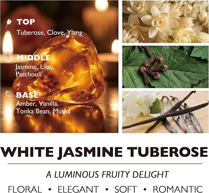 HomeLights Scented Candles for Women & Men, 34oz Candle Jars Aromatherapy 3-Wick Candle, Ideal for Bohemian Natural Textures Home Decor and Gifts, White Jasmine Tuberose