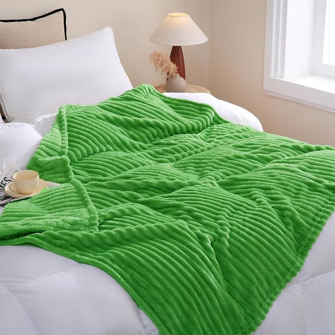 Bright Green Fleece Throw Blanket 60”×80” for Couch Sofa Livingroom | Super Soft Cozy Plush Microfiber Flannel Bed Blanket Striped Design Lightweight Home Decor Gifts for Adults Mom Women