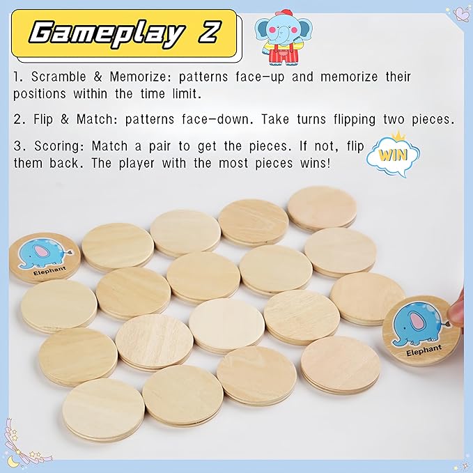 Memory Game for Kids, 20Pcs Wooden Flash Cards for Toddlers Memory Matching, Educational Animal Toys Preschooler Early Memory Practice Learning Travel Activities, Gifts for Boys Girls Age 3-6