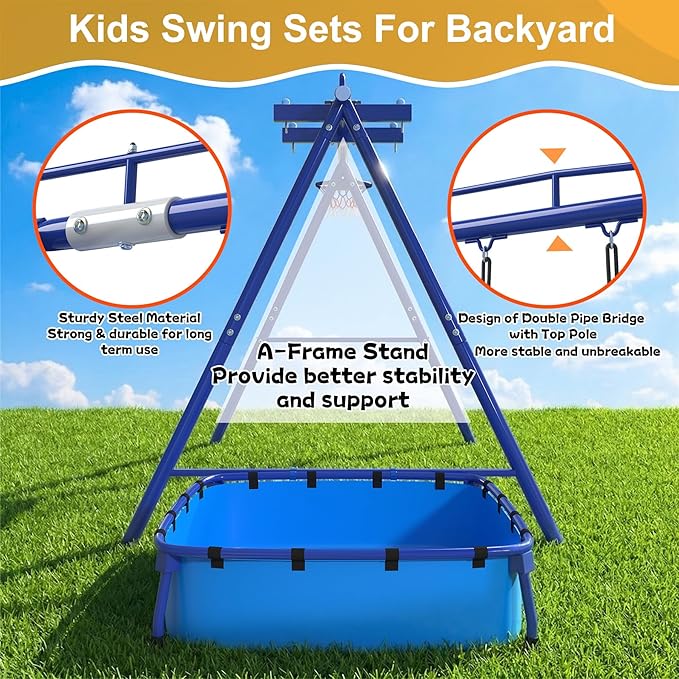 5-in-1 Heavy Duty Metal Swing Set with Sandbox for Backyard, 800 LBS Capacity, Reinforced A‑Frame, Sandbox, Cradle Swing, Basketball Hoop, Soccer Net for Kids, Toddlers & Adults