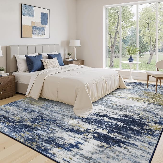 9x12 Area Rug for Living Room, Abstract Washable Large Rugs, Dark Blue | Neutral Carpet for Bedroom, Dining Room, Home Office, Nursery,Indoor, Stain Resistant, Non-Slip, Low Pile, Modern Rug