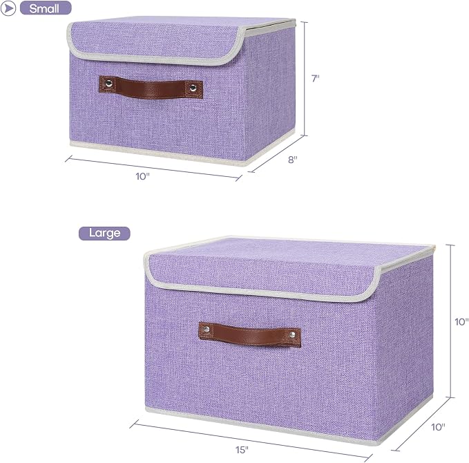 ANMINY Fabric Storage Box Bins with Lids, Purple, 10"x8"x7" | Keepsake Memory Storage, Cotton Linen, PP Board Reinforced, Washable, PU Handles, Foldable & Stackable, Decorative, Small