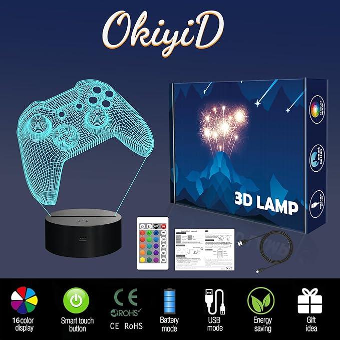 Gamer Gift, 3D Illusion Lamp, Gaming Night Light with 16 Colors Remote and Touch Control Dimmable- Perfect for Men's Game Room Decoration, Boys' Kids Room, Birthday Gift
