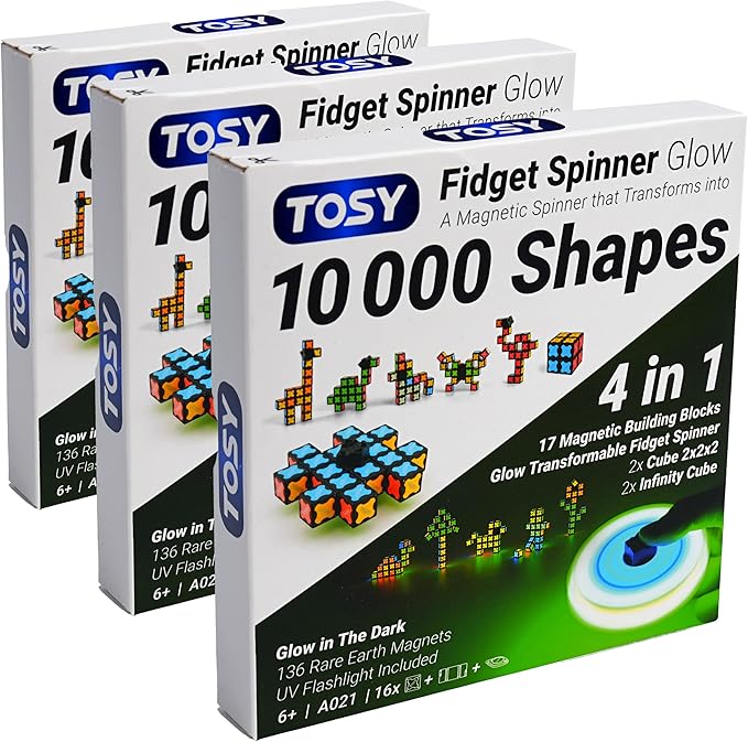 TOSY Magnet Fidget Spinner Glow - 16 Blocks, 3 in 1 Toy: Transformable Fidget Spinner, Infinity Cube, 2x2 Puzzle Cube, Glow, STEM/STEAM Magnet Tiles Birthday Gift for Kids/Boys/Girls/Adults, 2-Pack
