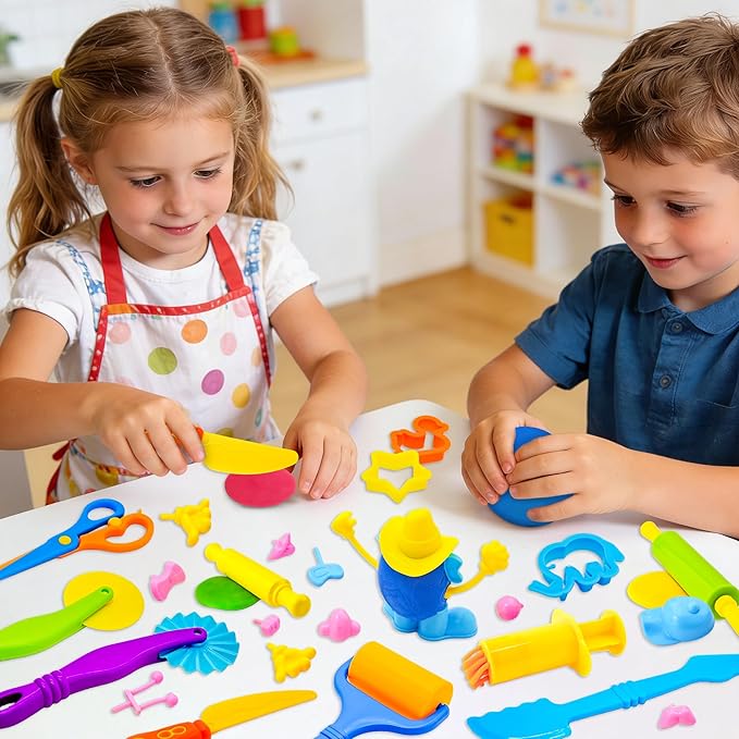 iShyan Dough Tools for Kids,47-Piece Kids Clay and Dough Tool Kit– Includes Roller, Rolling Pins, Cutting Tools, Safe Scissors, Plastic Knife & Dough Character Accessories