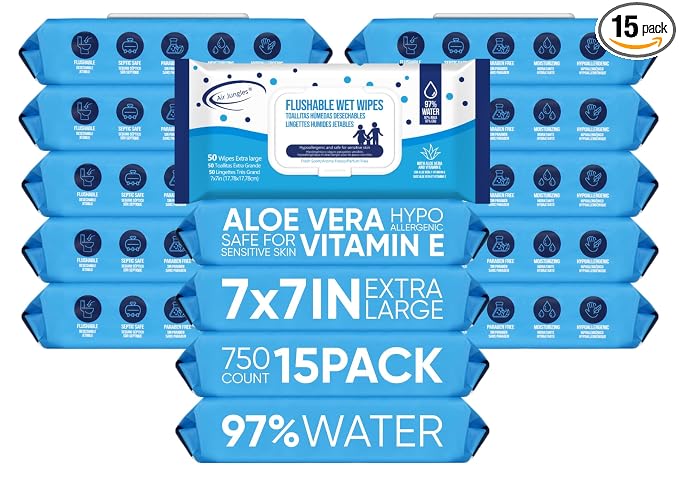 Air Jungles Flushable Wipes 750 Ct 15-Pack, Adult and Kid, XL 7x7 Inch | Fresh Scent, with Aloe Vera & Vitamin E For Sensitive Skin, Septic & Sewer Safe, Ultra Soft Personal Wet Wipes