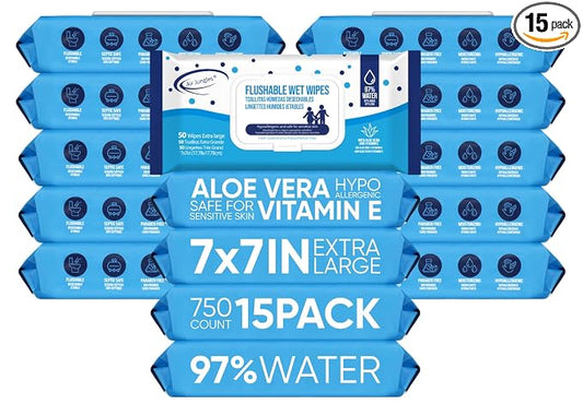 Air Jungles Flushable Wipes 750 Ct 15-Pack, Adult and Kid, XL 7x7 Inch | Fresh Scent, with Aloe Vera & Vitamin E For Sensitive Skin, Septic & Sewer Safe, Ultra Soft Personal Wet Wipes