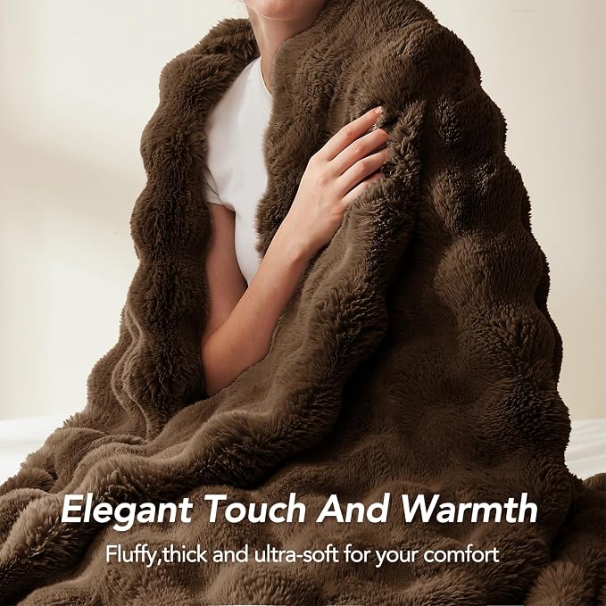 L'AGRATY Faux Rabbit Fur Throw Blanket for Couch, 90'' x 90'', Cocoa Brown | Soft Cozy Bubble Fluffy Blanket for Sofa Bed, Thick Warm Plush Fuzzy Throw for Room Home Decor, Luxury Gift for Women Mom