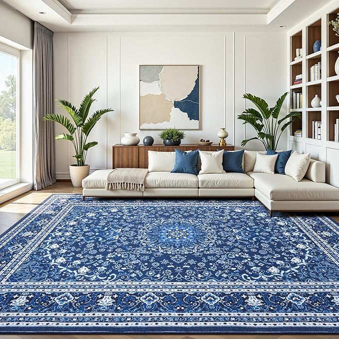 8x10 Area Rugs for Living Room, Washable Non-Slip Rug, Oriental Dark Blue | Area Rugs for Bedroom, Low Pile Large Carpets for Dining Room, Office, Indoor, Stain Resistant Vintage Oriental Print Rug