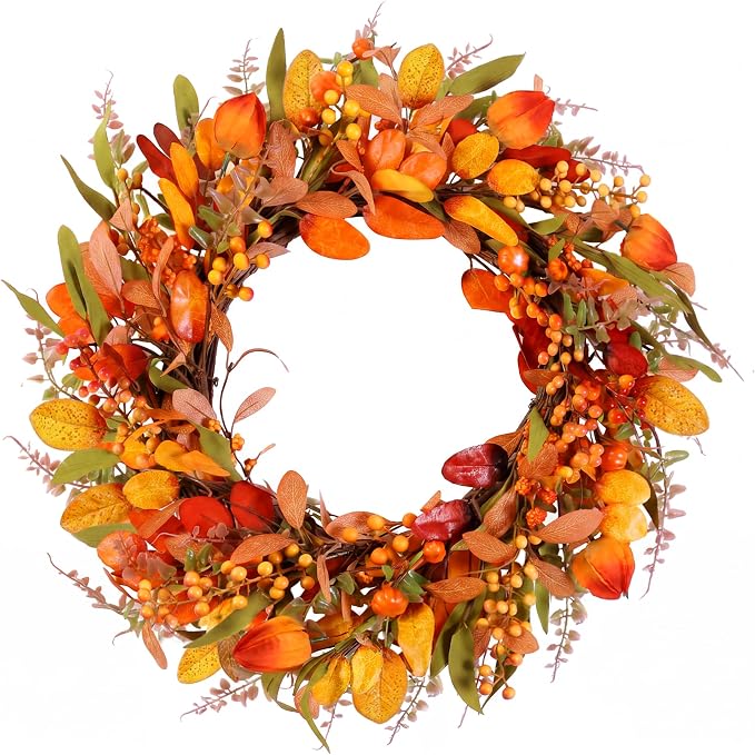20" Fall Wreath Front Door Pumpkin Artificial Wall Decor Farmhouse Autumn Wreath Thanksgiving Home Porch Outdoor Indoor Holiday Harvest Decor