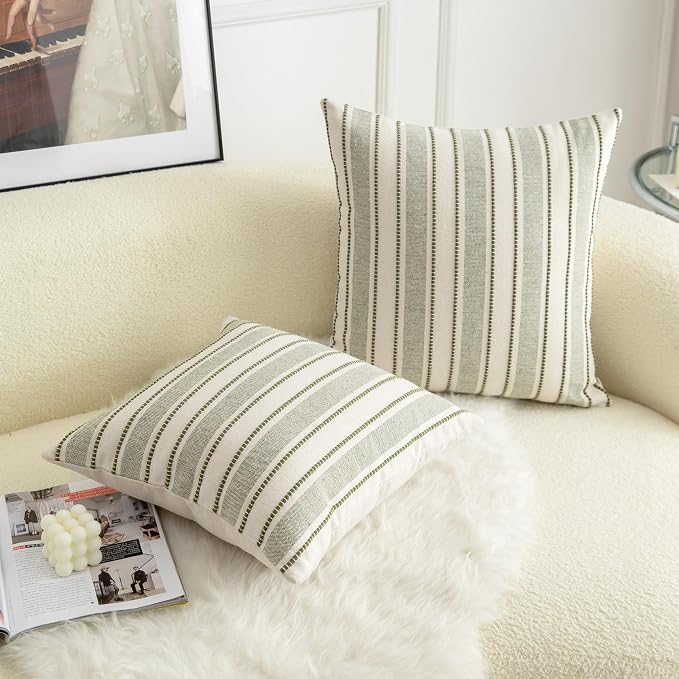 Cethom Decorative Boho Throw Pillow Covers, Farmhouse Textured Pillow Case, 20 x 20 Inch Set of 2, Chair Sofa Bedroom Living Room Home Decor Couch Cushion Case, Olive Green and Beige Striped