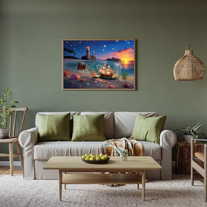 Puzzles for Adults 500 Pieces, Lighthouse Jigsaw Puzzles - Bottle of Stars, Impossible Beach Sailboat Puzzle for Seniors Families, 20.47x14.96 Inches, 1:1 Poster, Letter On The Back