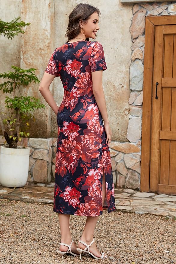 Naggoo Women's Casual T Shirt Midi Dress with Side Slit and Pockets