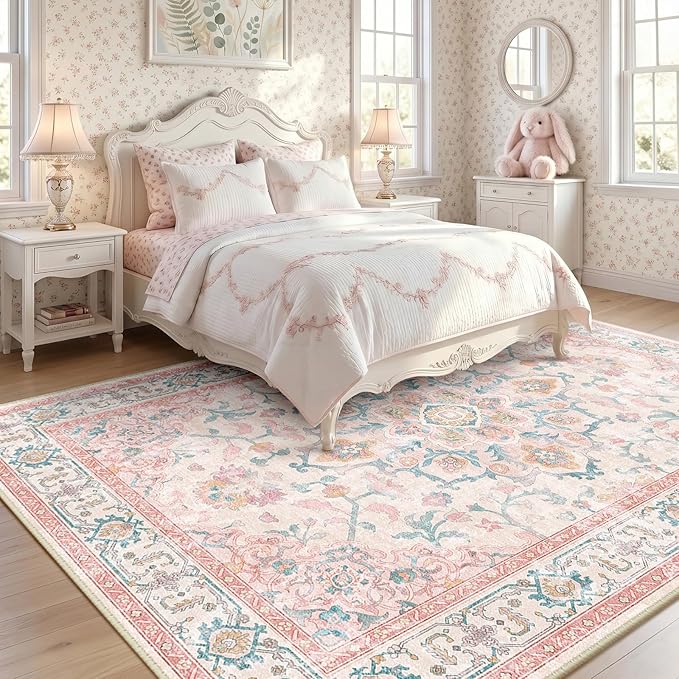 CAPALOCA 6x9 Washable Nursery Girls Low Pile Area Rug Pink Teal | Non-Slip Soft Rugs for Bedroom Kids Playroom Living Room, Print Pattern Water Repellent Carpet Indoor Decor