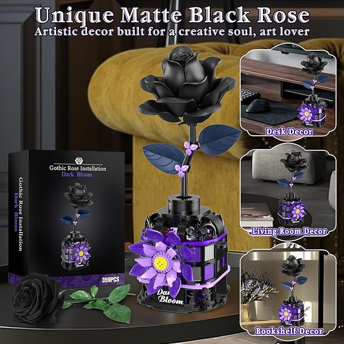 Gothic Black Roses Building Blocks Kit, Mysterious Dark Bloom with Vase Toy Building Sets for Boys Girls, 359 Pcs Artificial Flower Building Toys Halloween Decor Gifts for Kids Adults