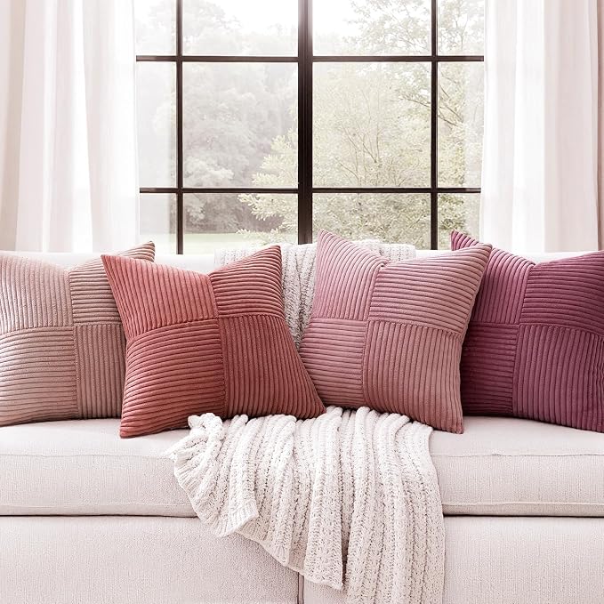 MIULEE Aesthetic Pink Throw Pillow Covers 18x18 Inch Set of 4 Spring Decorative Coquette Cushion Cases Cute Gradient Pillow Cases Corduroy Home Decor for Couch Sofa Living Room Bed Valentine Decor