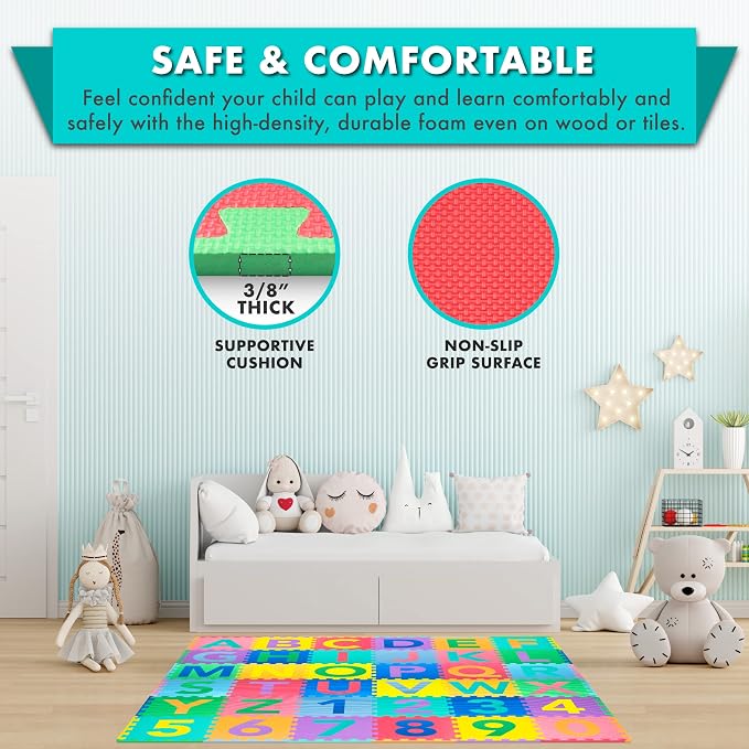 ProSource Kids Puzzle Alphabet, Numbers, 36 Tiles and Edges Play Mat, 12" by 12", Abc & 123