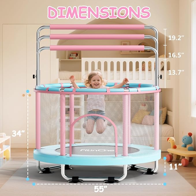 55" Toddler Mini Trampoline for Kids, Indoor Outdoor Toys with Swing, 440lbs Baby Kids Trampoline, Gymnastics Bar, Birthday Gifts for Boy Girl Age 1-8