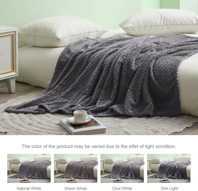 Exclusivo Mezcla Soft Fleece Bed Blanket King Size, 90”x104”, Dark Grey | Cozy Fluffy Lightweight Blankets for Summer, Decorative Plush Flannel Throws for Living room, Bedroom with Leaves Pattern
