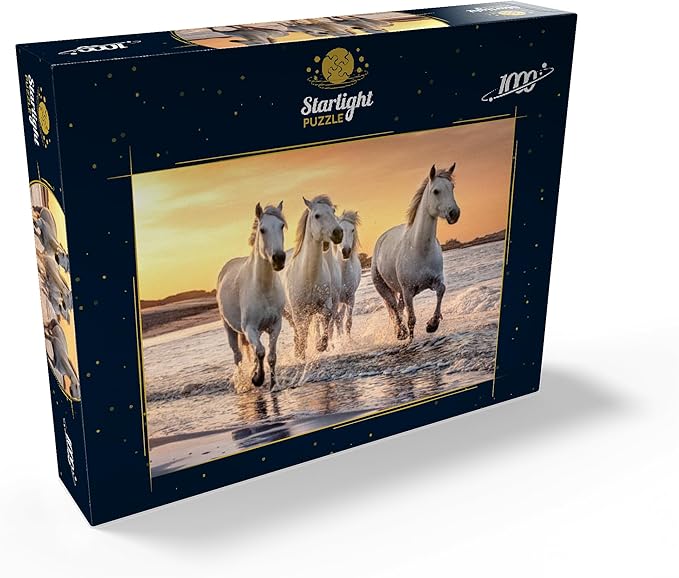 MyPuzzle White Camargue Horses Galloping On A Beach in France - Premium 1000 Piece Jigsaw Puzzle for Adults