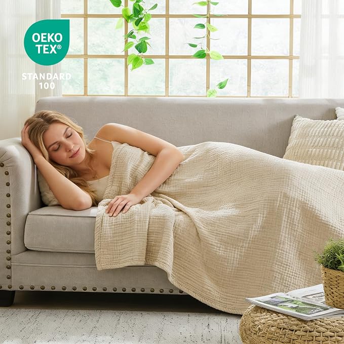 EMME Cotton Muslin Throw Blanket 4 Layer for Adults, Lightweight Breathable Gauze Blanket, Soft All Season Couch Blanket for Couch Bed Travel (Beige, 50"x60")