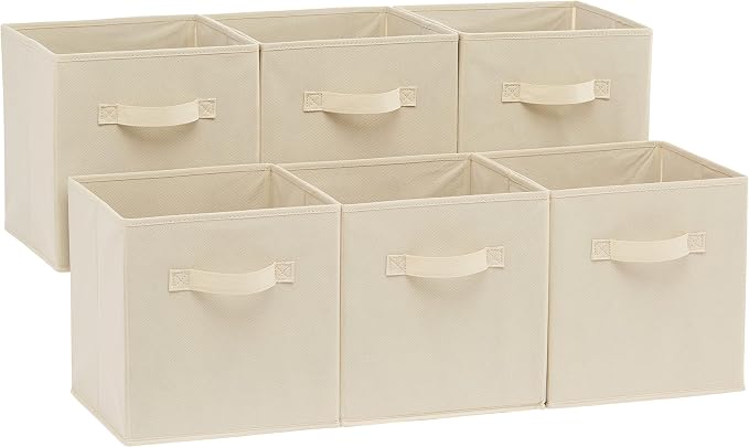 Amazon Basics Collapsible Fabric Storage Cubes Organizer with Handles, Sturdy Storage Bins for Organization, 10.5" x 10.5" x 11", Beige, 6 Count (Pack of 5)