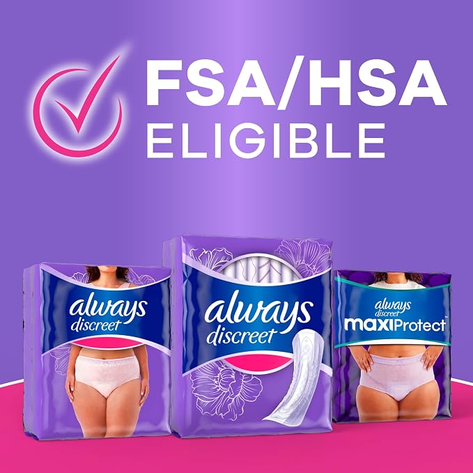 Always Discreet Adult Incontinence Pads for Women, Ultra Absorbency, Long Length, Postpartum Pads, Up to 100% Bladder Leak Protection, 26 Count