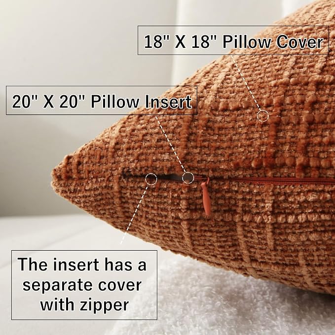 18" x 18" Decorative Throw Pillow with Inserts, Set of 2 Soft Modern Farmhouse Throw Pillows, Square Boho Pillow for Couch, Bed, Sofa Decor (Brick-red, 18" x 18"(Pack of 2))