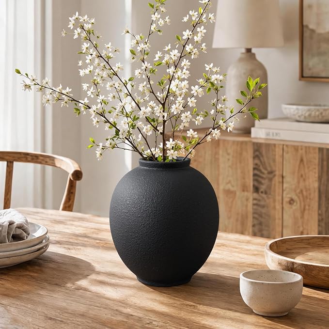 Starttag Large Black Ceramic Vase, 9.8 inch Rustic Farmhouse Flowers Vase for Home Decor, Sandstone Texture Round Pottery Tall Vase Indoor for Table Living Room Decor