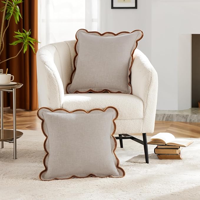 Ohocut Beige Scalloped Pillow Cover Pack of 2 Spring Chenille Decorative Throw Pillow Covers 20x20 Cute Boho Couch Pillow Covers Aesthetic Funky Preppy Pillow Cases for Sofa Living Room