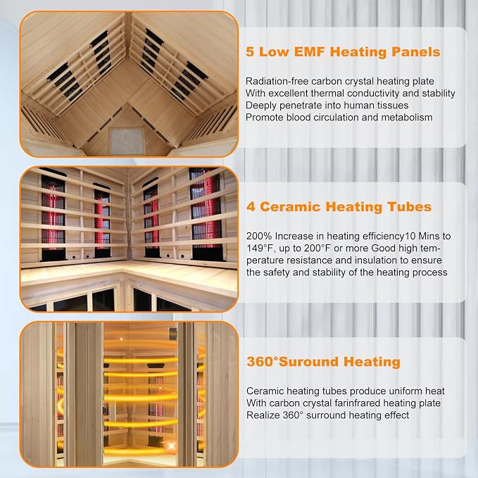 LTCCDSS Ceramic Far Infrared Sauna, Infrared Sauna 2-3 Person, Hemlock Indoor Sauna with 1750W, 5 Low EMF Heaters+4 Ceramic Heating Cube, 2 Bluetooth Speakers, Chromotherapy, LCD Display Dual Control