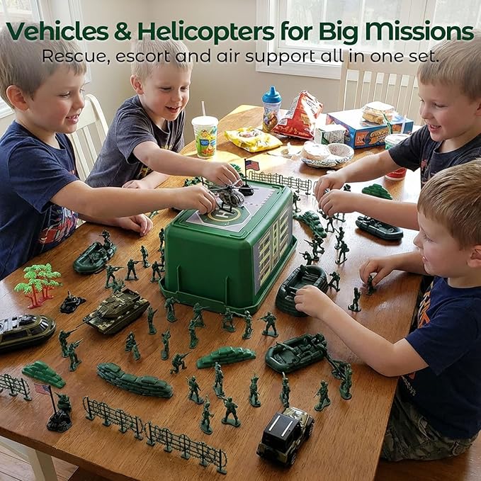 LovesTown 115PCS Army Men Playset, Military Soldier Set Army Action Figures Battle Group Military Base Toy with Box Helicopter for Gifts Green