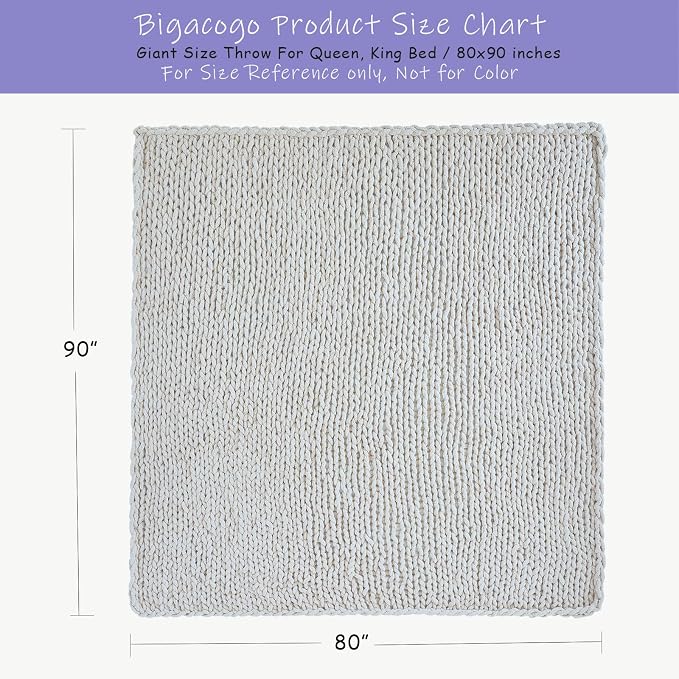 Bigacogo Chunky Knit Throw Blanket for Couch, 80x90 inches, Pure White | Hand Knit with Jumbo Chenille, Soft Breathable Cable Knit for Sofa Bed Living Room, Machine Washable, Gift for Mom Friend