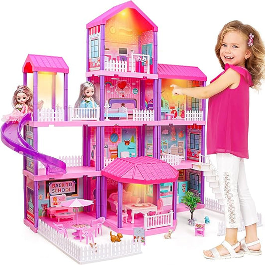 beefunni Doll House, Dream Dollhouse for Girls,Doll Houses 4-5 7-8 Year Old with 4 Stories -11 Rooms, 2 Dolls and Furniture, Princess Dollhouse 2025 Christmas Toy Gifts for 3 4 5 6 7 8+ Year Old Girls