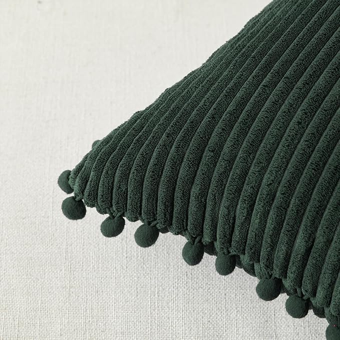 Fancy Homi 2 Pack Dark Green Small Decorative Throw Pillow Covers 12x12 Inch with Pom-poms for Couch Bedroom, Soft Corduroy Solid Rectangle Cushion Case 30x30 cm, Farmhouse Boho Home Decor