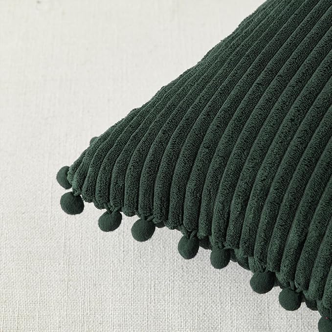 Fancy Homi Pack of 2 Dark Green Decorative Throw Pillow Covers 26x16 Inch with Pom-poms for Couch Bed Living Room, Soft Corduroy Solid Square Cushion Case 66x66 cm, Farmhouse Boho Home Decor