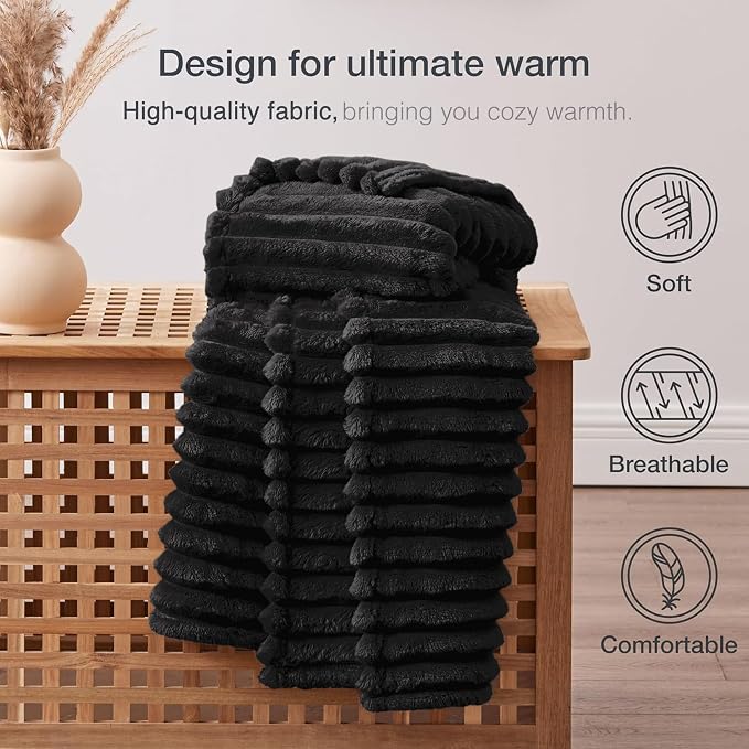EXQ Home Fleece Blanket Twin Size for Couch or Bed - 3D Stripe Jacquard Decorative Blankets - Cozy Soft Lightweight Fuzzy Flannel Blanket Suitable for All Seasons(60"×80",Black)