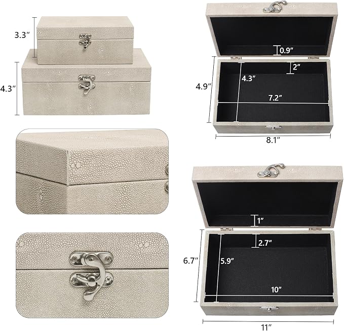DECOR4SEASON Faux Shagreen Leather Decorative Storage Boxes Set of 2, Ivory | For Keeping Precious Keepsakes, Trinkets, Jewelry And Other Small Items Organized