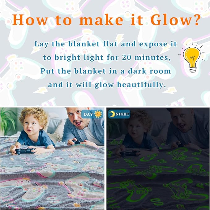 Glow in The Dark Blanket Gaming Controller Glowing Throw Blanket Gamer Plush Luminous Blankets and Throws Soft Throw Gift for Kids Girls Boys Birthday Easter Thanksgiving 60" x 80"