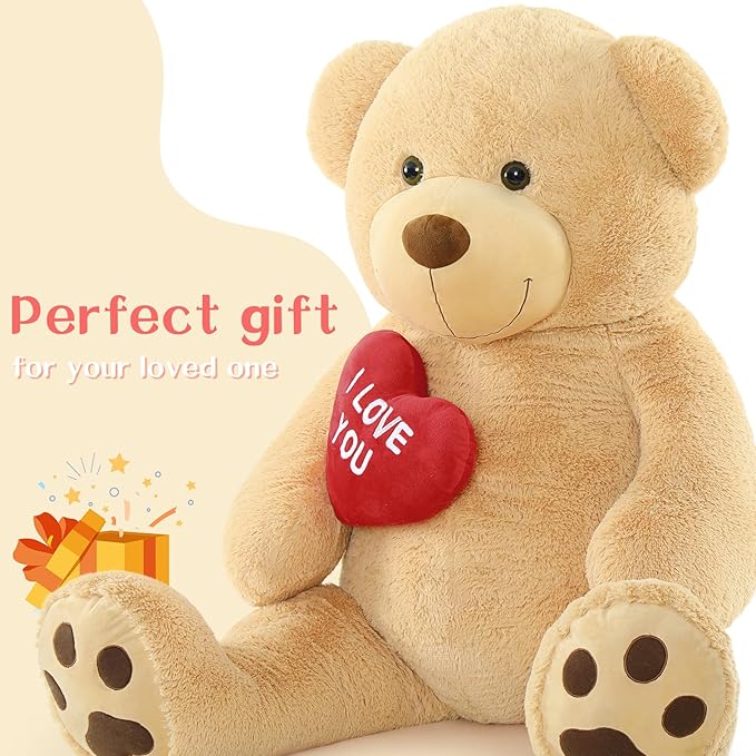 Giant Teddy Bear 52" Stuffed Animal, Big Teddy Bear with Heart, Large Brown Stuffed Bear Plush Toys for Kids, I Love You Valentines Bear Gift for Girlfriend Wedding