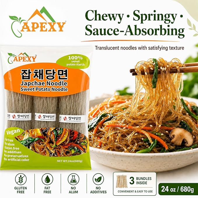 APEXY Sweet Potato Glass Noodles, Japchae Noodles, Korean Vermicelli Pasta, Fat-free and Gluten-free, 100% Sweet Potato Starch, No Additive, No Alum inside, 24oz (680g) (Pack of 2)