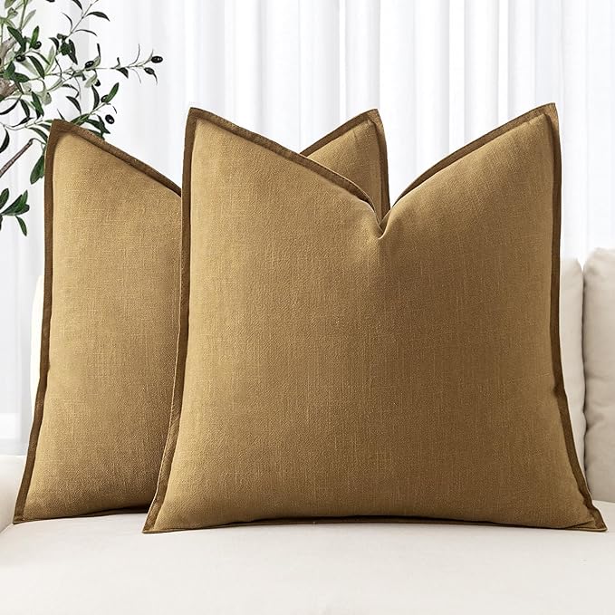 MIULEE Decorative Linen Pillow Covers 20x20 Inch Mustard Yellow | Boho Farmhouse Neutral Couch Throw Pillows for Bed, Pack of 2 Accent Modern Pillowcases, Sofa Livingroom Home Decor