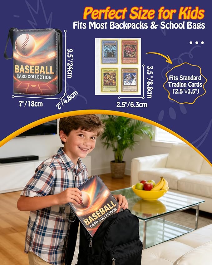 Best baseball card binder 4-Pocket holds 480 cards, 120 pages side-loading, PU leather zip waterproof cover, acid-free pages, for home storage & card shows, baseball cars binder, gift kids boys girls!