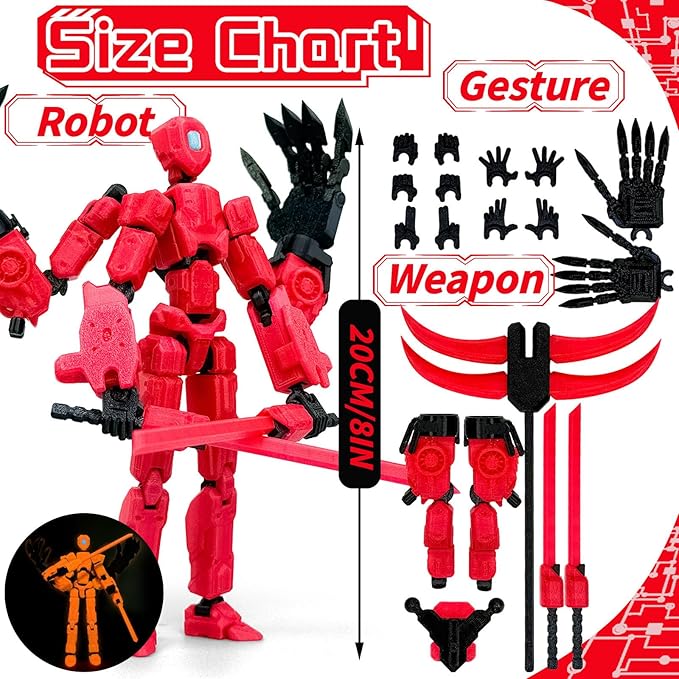8Inch T13 Action Figure Assembly Completed,3D Printed Multi-Jointed Movable Toy Nova 13 Action Figures Desktop Decorations for Game Lovers Toy (Red Emitting red Light)