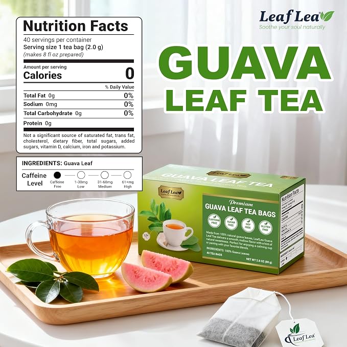 LeafLea Guava Leaf Tea Bags, Hojas De Guayaba, Caffeine-Free, 40 Count | Single-Ingredient Guava Leaf Tea, Smooth And Lightly Sweet — Individually Foil-Wrapped, Sugar-Free, A 40-Bag Box To Try