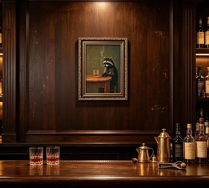 Vintage Gold Framed Smoking Raccoon Wall Art, Moody Dark Funny Animal Whiskey Cigar Canvas Print, Humor Funny Raccoon Wall Decor, Retro Bar Cart Poster Artwork, for Study Office Bar Decor, 16x24in