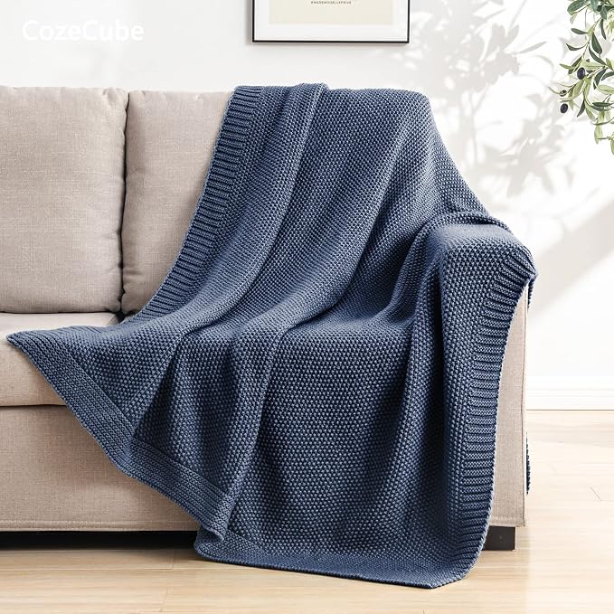 CozeCube Dusty Blue Seed Stitch Throw Blanket 50"x60", Farmhouse Decor | Blanket for Couch, Soft Cozy Cable Knit Throw for Bed Sofa Living Room, Lightweight Warm Decorative Christmas Blanket