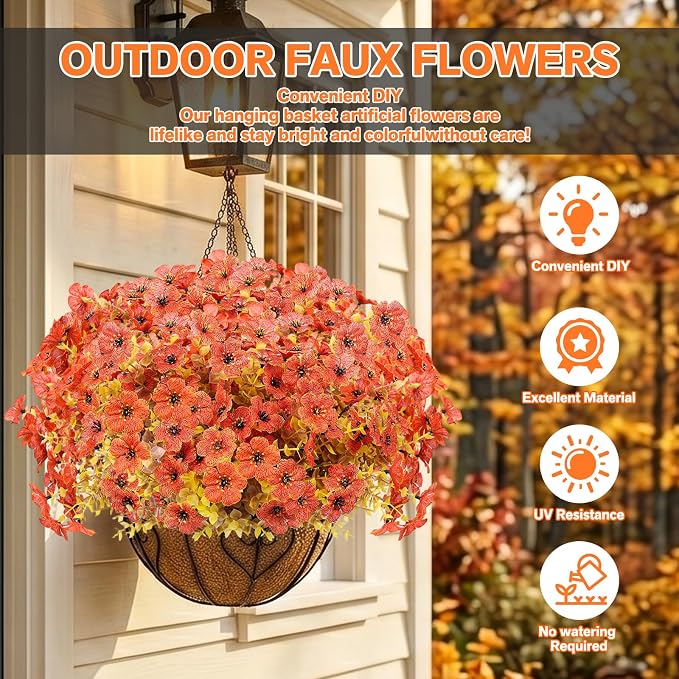 Artificial Flowers for Outdoor,Silk Flowers No Fade Fake Plastic Flowers Faux Plants for Outdoors Outside Front Porch Hanging Planter Window Box Garden Home Decoration,13 Pack Sunset Orange) | Silk Flowers Fake Plastic Flowers Faux Plants for Outside F...