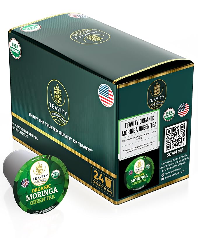 Organic Moringa Green Tea Pods for Keurig - Naturally Caffeinated by Teavity (24 Tea Pods)